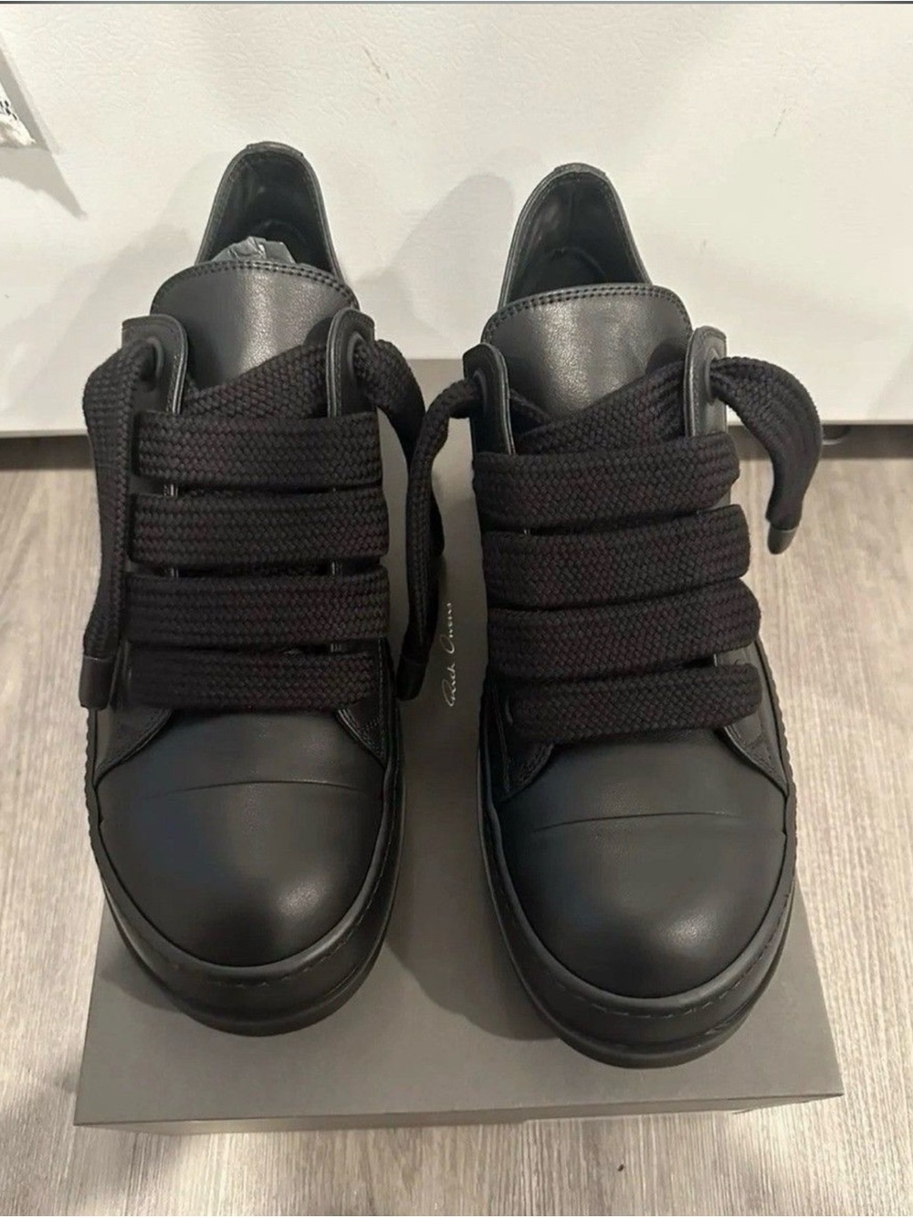 Rick Owens Black Leather Low-Top Sneakers with Wide Rope Laces